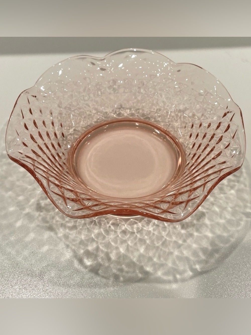 🥳BOGO! VTG Imperial Glass Co Pink Scalloped Diamond Quilt Glass Bowl.